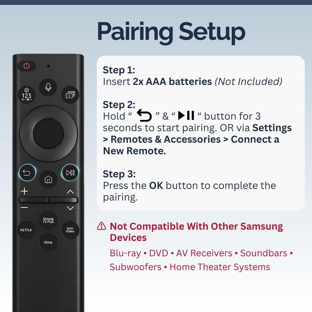 BN59-01385A Samsung TV Remote Control Replacement for Smart TV - Easy Setup, Universal Bluetooth/IR Voice Remote, No Solarcell - Works with Samsung QLED, Frame, Crystal UHD, 4K, & LED Smart TVs