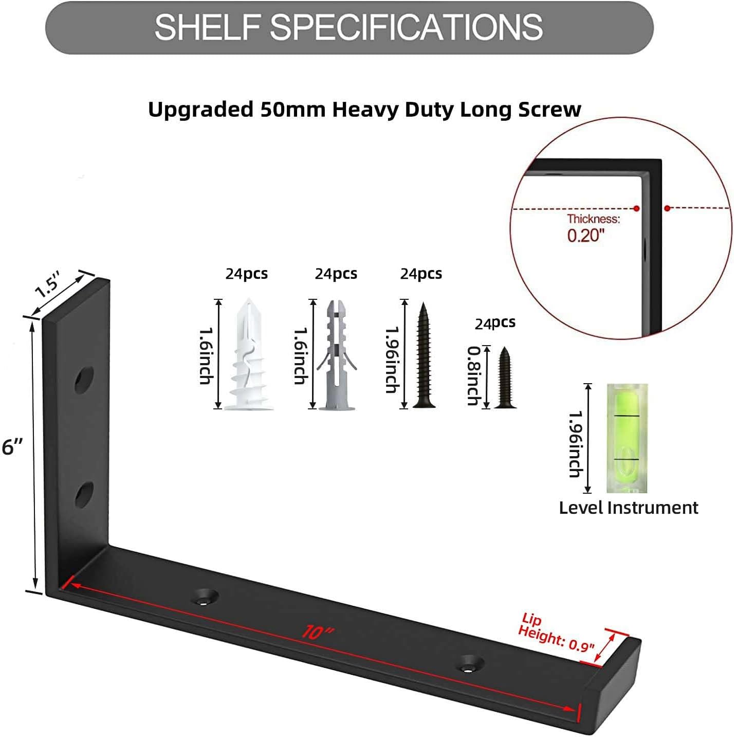 WEKIS Shelf Bracket, Heavy Duty Floating Shelf Brackets 10-Inch Long, 12-Pack Brackets for Shelves, Black Coated J Shape Metal Wall Shelf Support Brackets with 1/5-Inch Thick and 160 lb. Load Capacity