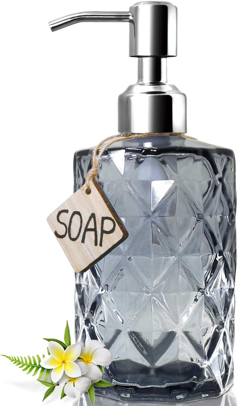 JASAI 12Oz Diamond Grey Glass Soap Dispenser with 304 Rust Proof Soap Pump