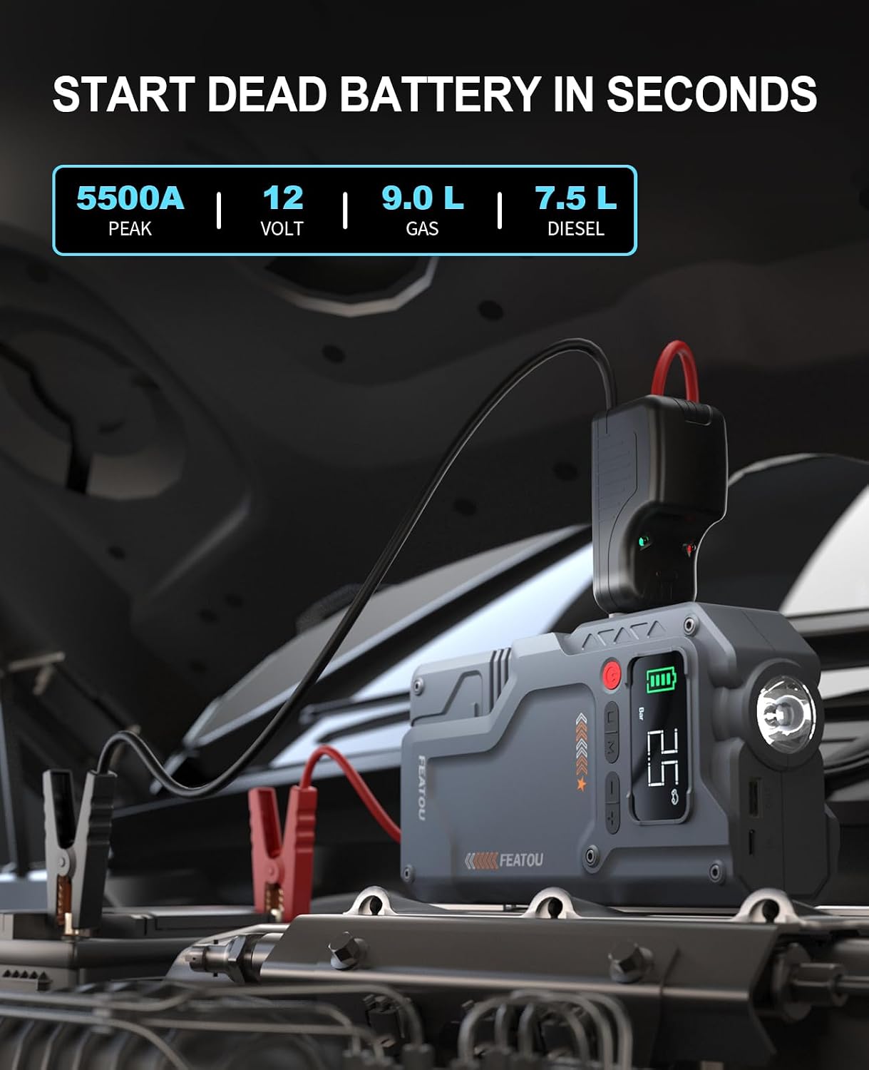Featou Jump Starter with Air Compressor, 5 in 1 Functional Jump Box 5500A Peak Power Pack with 150PSI Digital Tire Inflator, Portable Car Charger Jumper for 9.0L Gas or 7.5L Diesel