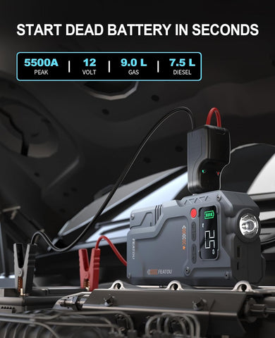 Featou Jump Starter with Air Compressor, 5 in 1 Functional Jump Box 5500A Peak Power Pack with 150PSI Digital Tire Inflator, Portable Car Charger Jumper for 9.0L Gas or 7.5L Diesel