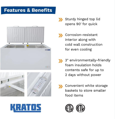 Kratos Commercial Chest Freezer, 30 Cu Ft Capacity, Solid Top, White, Large Storage