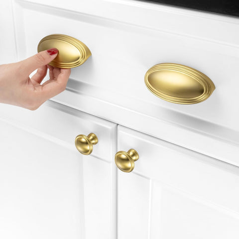 KOOFIZO 10 Pack 3 Inch Drawers Pulls Brushed Gold Cabinet Handles Gold Cabinet Cup Pulls for Kitchen Cabinets P33 Drawer Dresser Cupboard Bedroom Bathroom