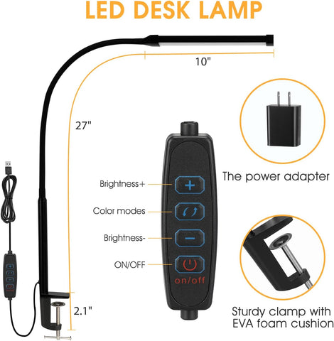 Voncerus LED Desk Lamp with Clamp, Clip on Lights for Home Office, Black