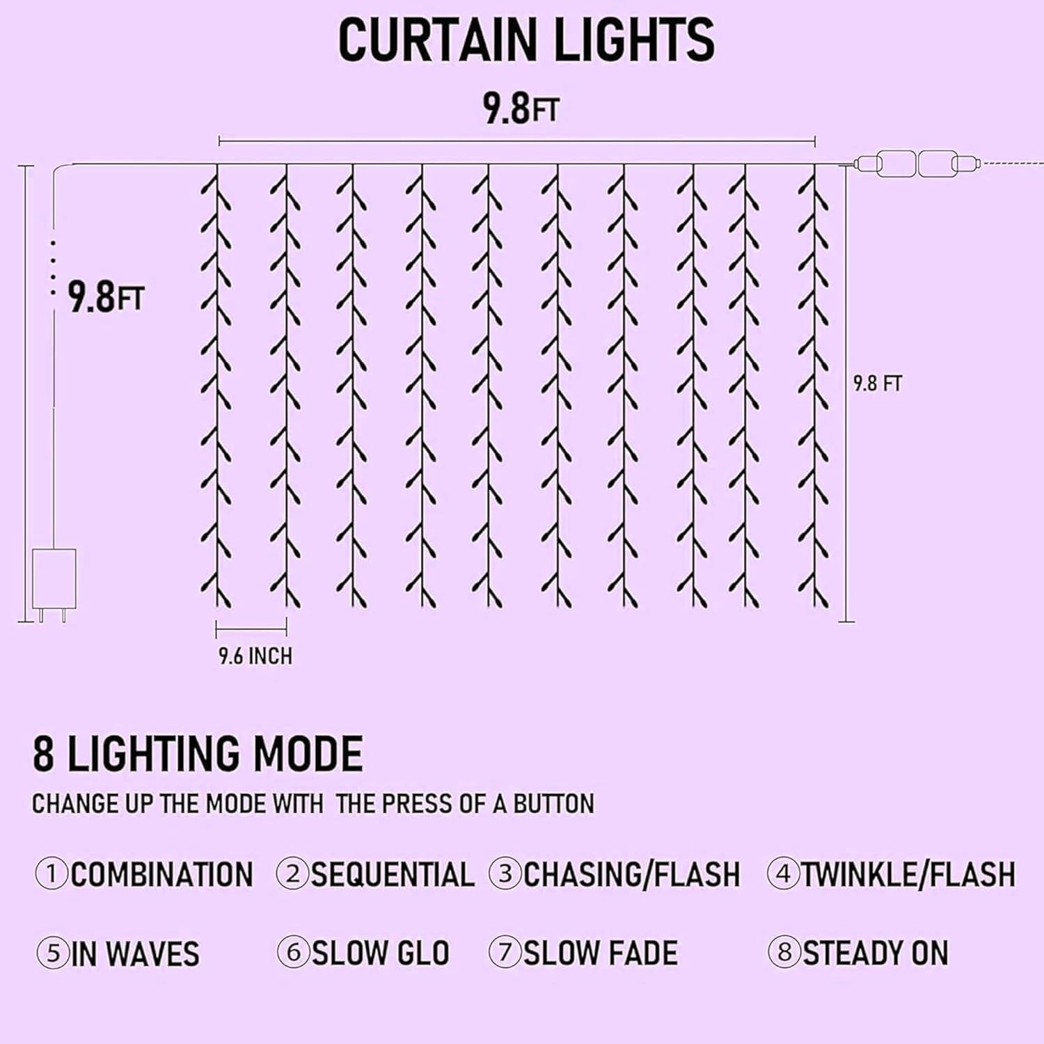 Dazzle Bright 300 LED Christmas Curtain String Lights, Halloween Fairy Lights for Bedroom with 8 Lighting Modes, Waterproof Window Light Party Wedding Garden Wall Decor, Purple