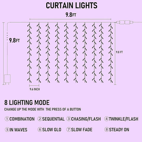 Dazzle Bright 300 LED Christmas Curtain String Lights, Halloween Fairy Lights for Bedroom with 8 Lighting Modes, Waterproof Window Light Party Wedding Garden Wall Decor, Purple