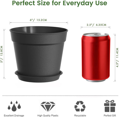 SwinDuck 10 Pack 6 Inch Plant Pots with Drainage and Saucers, Black Plastic Flower Pots for Indoor and Outdoor Plants, Stackable Nursery Planters for Houseplants and Herbs, Black