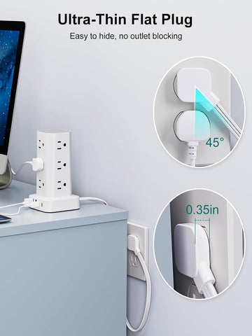 Power Strip Tower Surge Protector, 10FT Flat Plug Extension Cord with Multiple Outlets, 12 AC Outlets 4 USB (2 USB C), Desktop Charging Station with Surge Protection for Home Office Dorm Room, White
