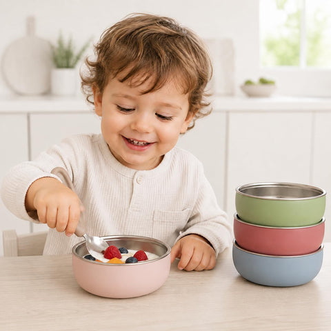 Monkey Proof™ Non-Toxic Stainless Steel Child Bowl 5” with Non-Slip Silicone Shell, Multi-color, (Set of 4 bowls) Unbreakable, Mess Free Feeding for Babies, Toddlers, Kids, BPA free