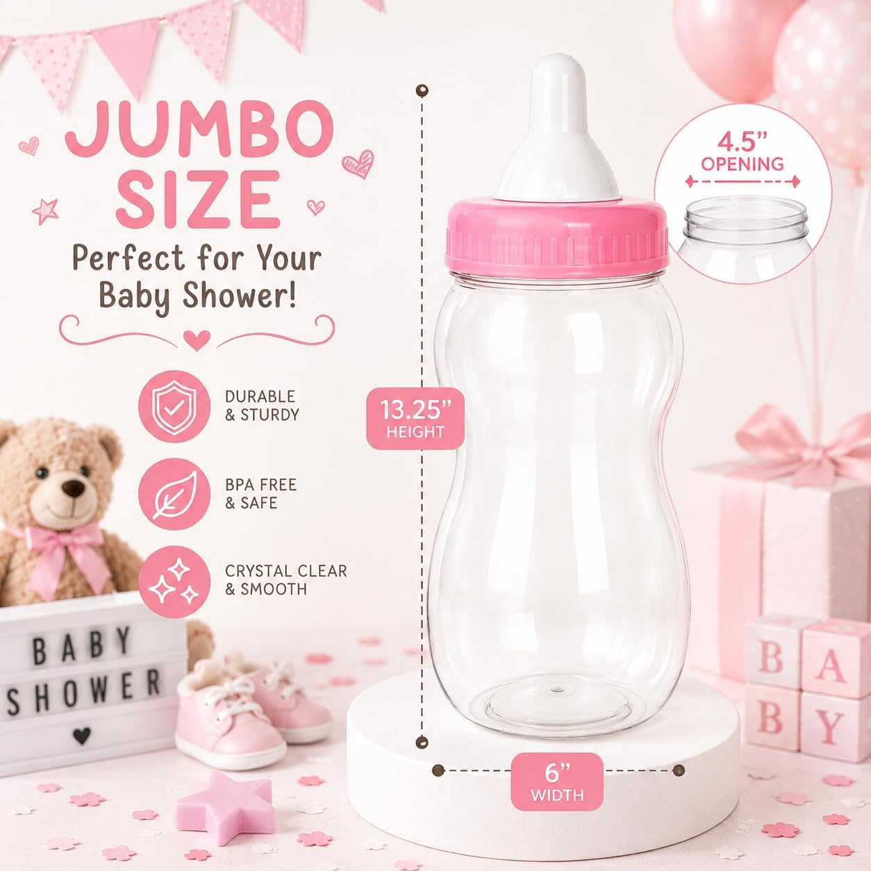 13" Jumbo Fillable Baby Shower Bank Plastic Decoration Centerpiece (Pink, 13")