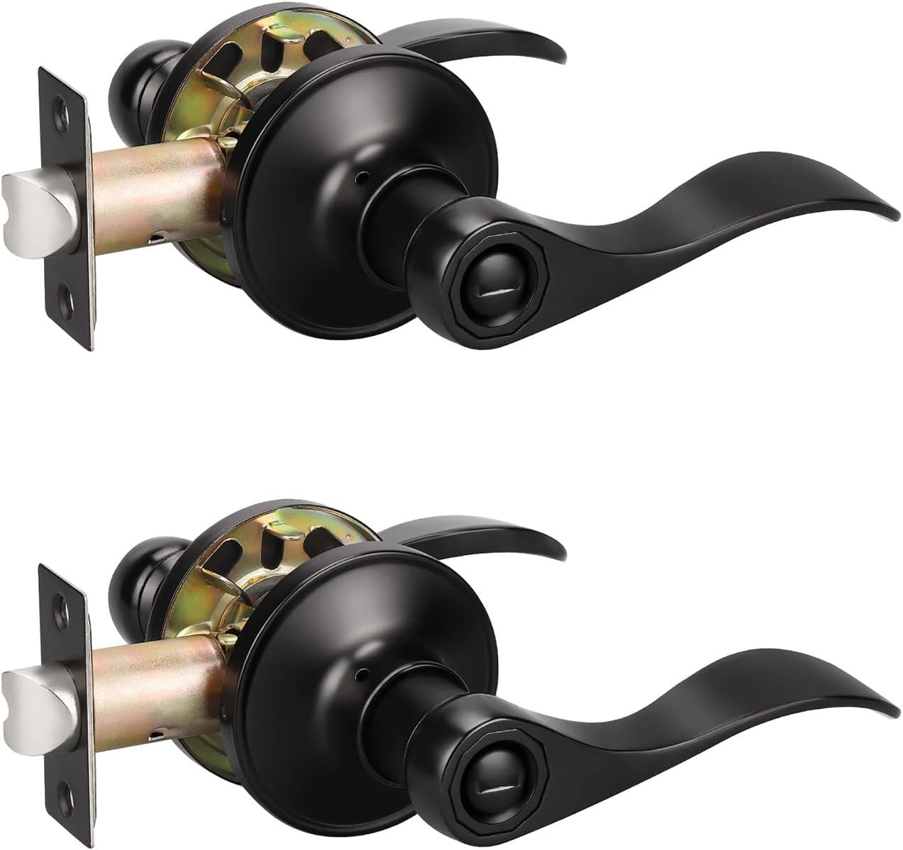KNOBWELL 2 Pack Matte Black Door Lever Privacy Door Knobs, Black Interior Door Handles for Bathroom/Bedroom, Wave Style Reversible for Right/Left