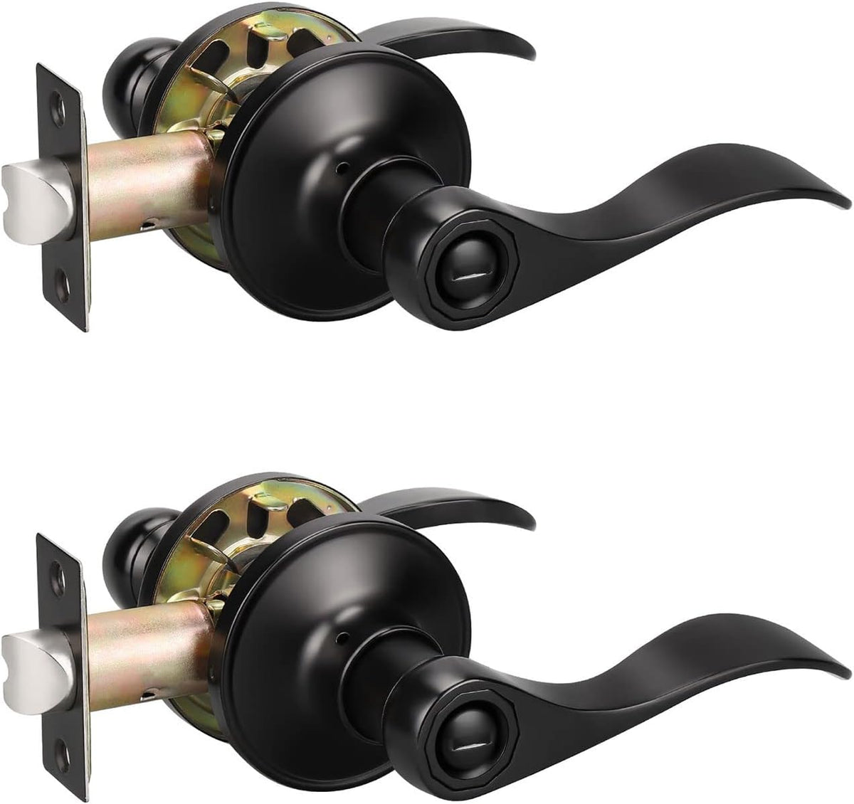 KNOBWELL 2 Pack Matte Black Door Lever Privacy Door Knobs, Black Interior Door Handles for Bathroom/Bedroom, Wave Style Reversible for Right/Left