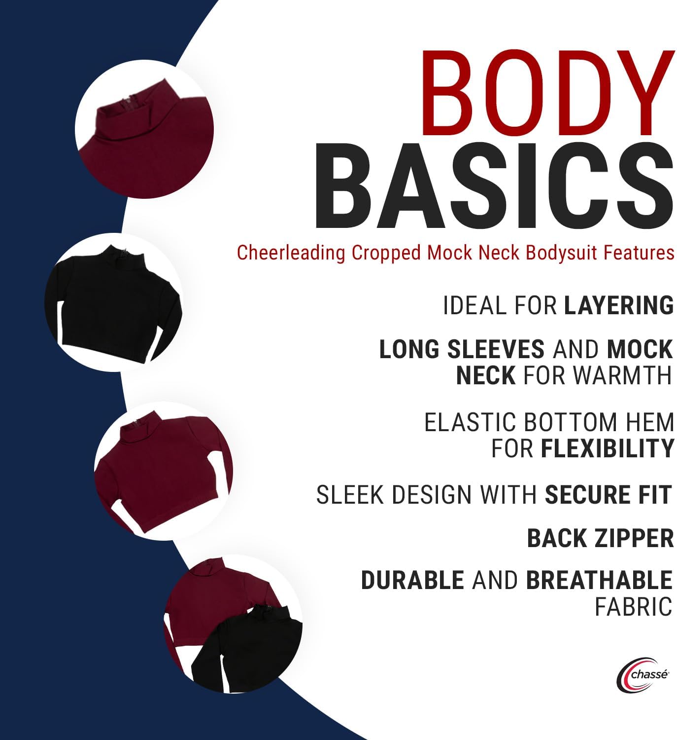 chassé Girls Long Sleeve Cropped Bodysuit, Mock Neck Cheerleading Shirt