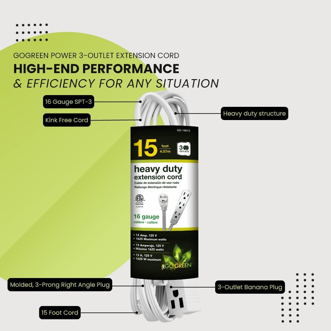 Go Green Power Inc. 15ft Extension Cord with 3 Outlets, White - Compact, Flush-Fit Design, Heavy Duty, Grounded Plug - Ideal for Home & Small Appliances - GG-19615