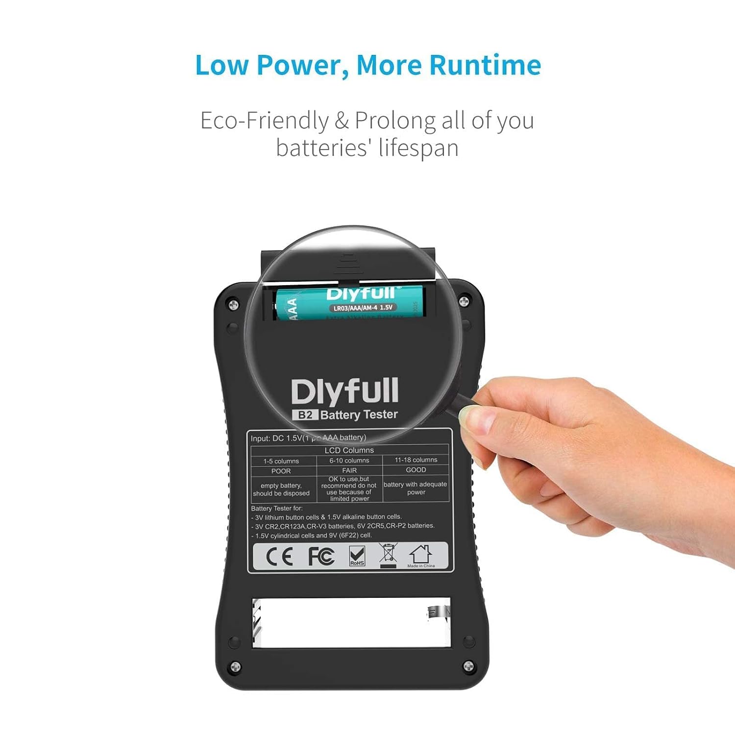 Dlyfull Battery Tester for AA AAA C D 9V, Button Cell & Household Batteries