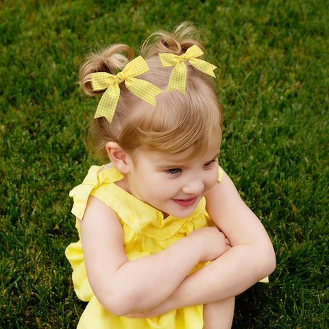 2PCS 3'' Small Yellow Gingham Hair Bow for Girl, Cute Plaid Clip