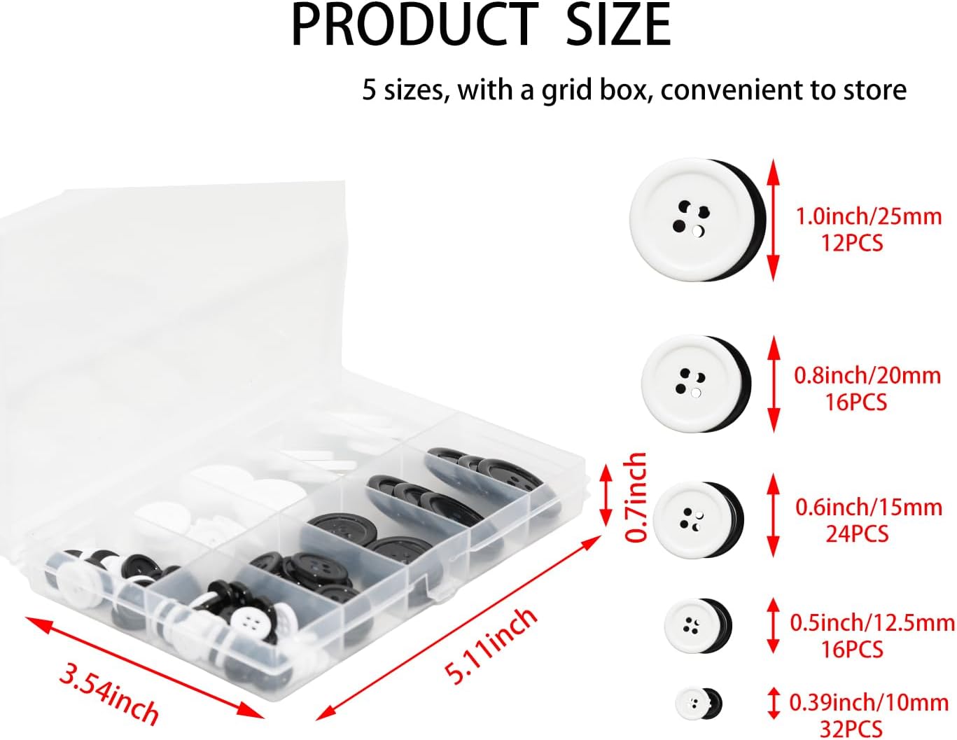 Lilaly 100 pcs Buttons for Crafts Buttons, Button DIY Buttons, Mixed Sewing Buttons, 5 Sizes of Round Mixed Buttons Suitable for for Crafts, Coats, Shirts, Pants, Shorts and More(White & Black)