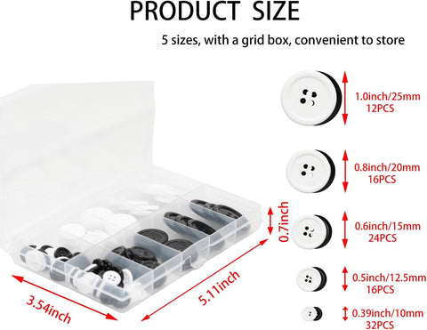 Lilaly 100 pcs Buttons for Crafts Buttons, Button DIY Buttons, Mixed Sewing Buttons, 5 Sizes of Round Mixed Buttons Suitable for for Crafts, Coats, Shirts, Pants, Shorts and More(White & Black)