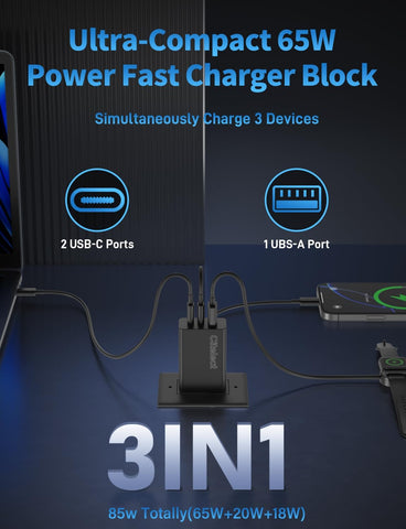 85W Total Shared Output GaN USB-C Fast Charger,2C1A 3-Port, Max 65W, 2 Pack