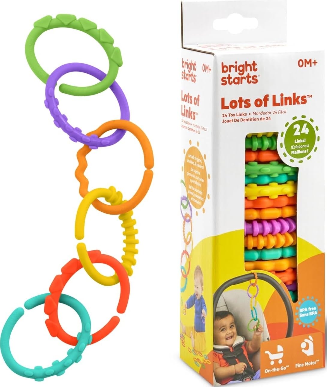 Bright Starts Lots of Links Rings Toys for Stroller or Carrier Seat, BPA-Free, Ages 0 Months Plus, Multicolor, 24 Count