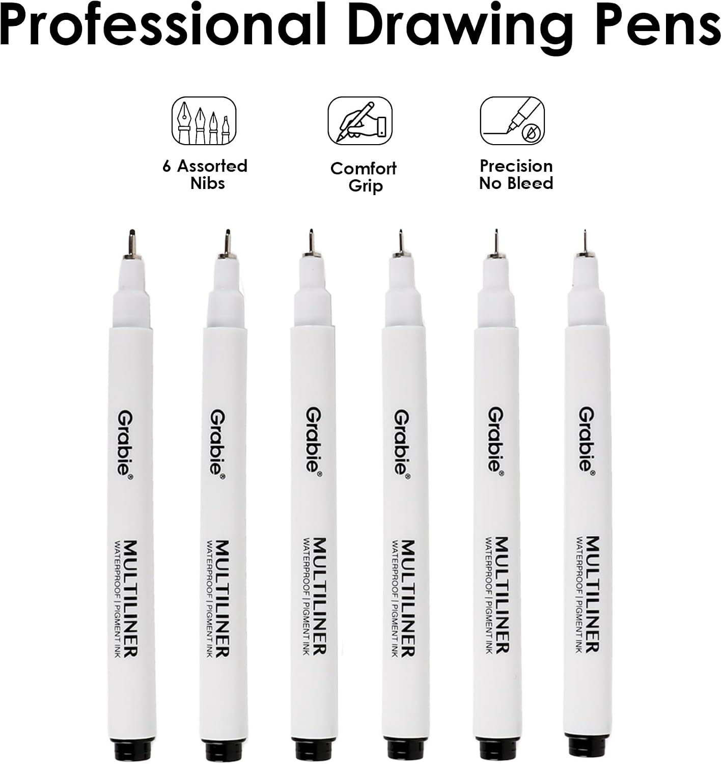 Grabie Micro Fineliner Pens, 6 Black Waterproof Drawing Pens