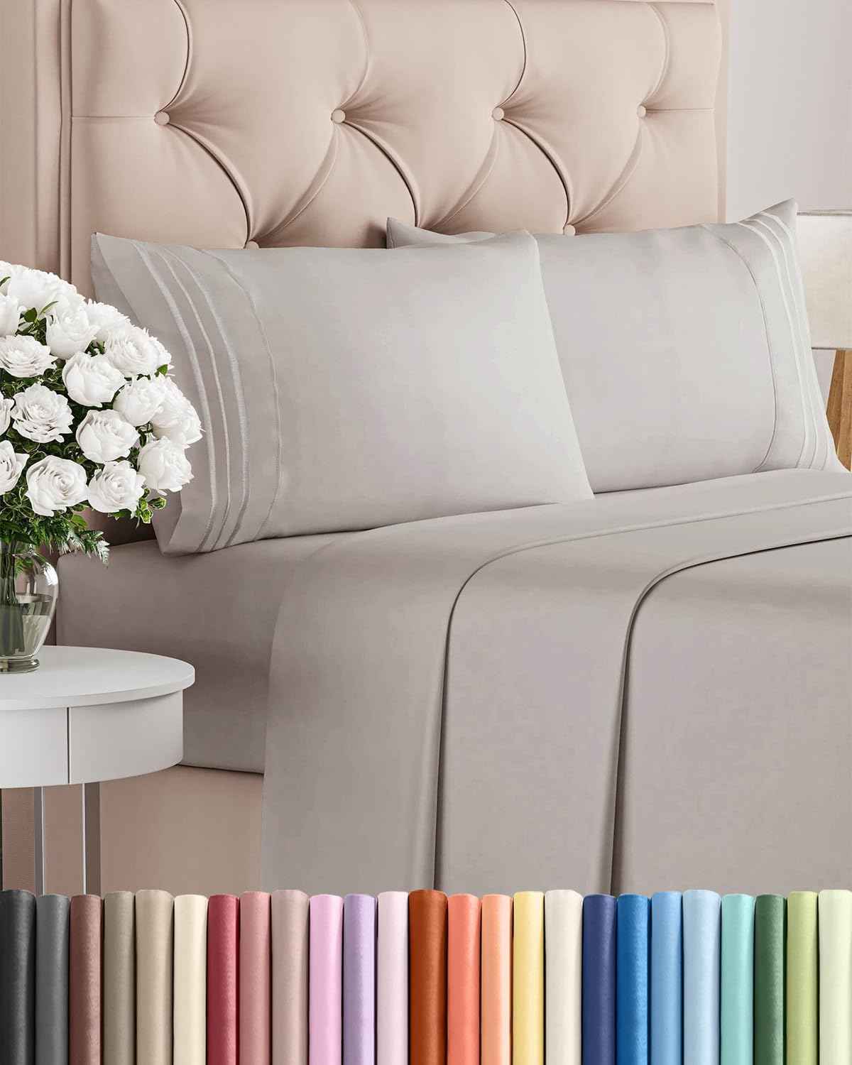 Queen Size 4 Piece Sheet Set - Breathable & Cooling Sheets - Light Grey