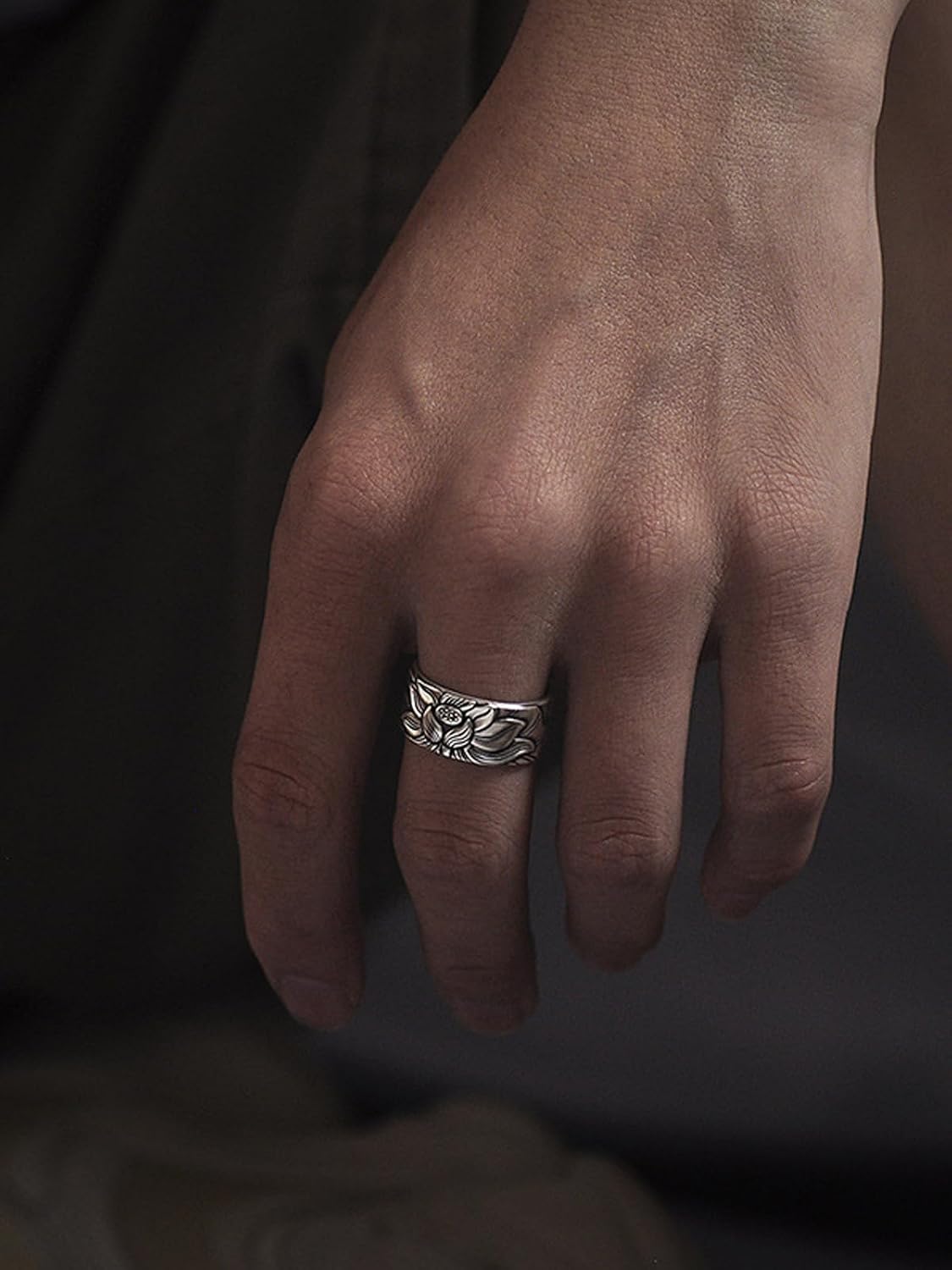 Vintage Silver Feng Shui Lotus Ring - Adjustable Heart Sutra Mantra Rings for Women Men, Protection Wealth Lucky Ring, Tibetan Buddhist Good Luck Amulet Meditation Gifts