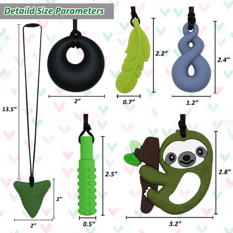 Sensory Chew Necklace for Kids Boys Girls, 6 Pack Silicone Chew Toys for Kids with ADHD Autism, Anxiety, Chewy Necklace Sensory Toys Reduce Adult Chewing Fidgeting (Green Sloth)