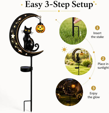 Solar Halloween Black Cat Moon Light, Outdoor Garden Stake Light with Pumpkin Lantern, Weather Resistant Yard Decorations for Patio Pathway Lawn Backyard, Halloween Decor Gifts
