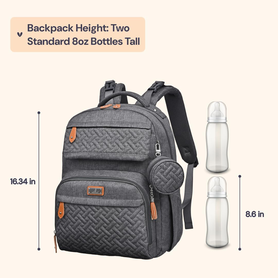 BabbleRoo Diaper Bag Backpack - Travel Large Baby Diaper Bag with Changing pad, Waterproof Baby Bags for Mom & Dad, Unisex Bags with Pacifier Case, Luggage Strap & Stroller Clips - Dark Gray