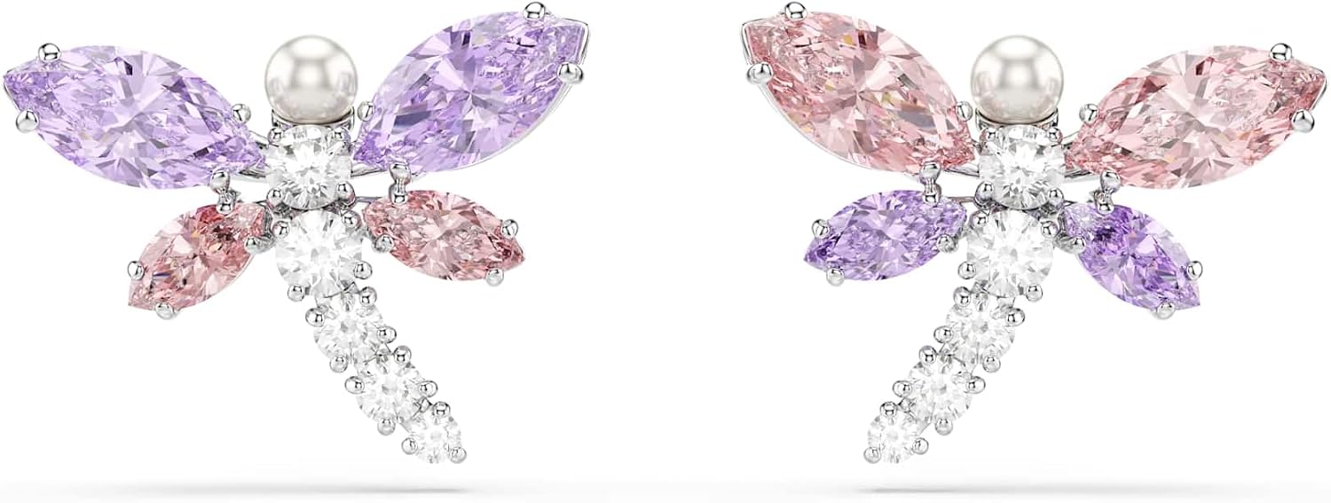 Swarovski x Ariana Grande Official Dragonfly Motif Jewelry Collection, Brooch, Pendant Necklace, Earrings, Mixed Cut Multicolored Stones, Rhodium Finish