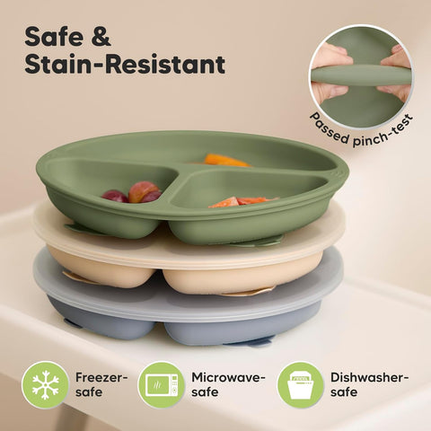 KeaBabies Suction Plates with Lids for Baby, 3pk, BPA-Free Silicone, Slate