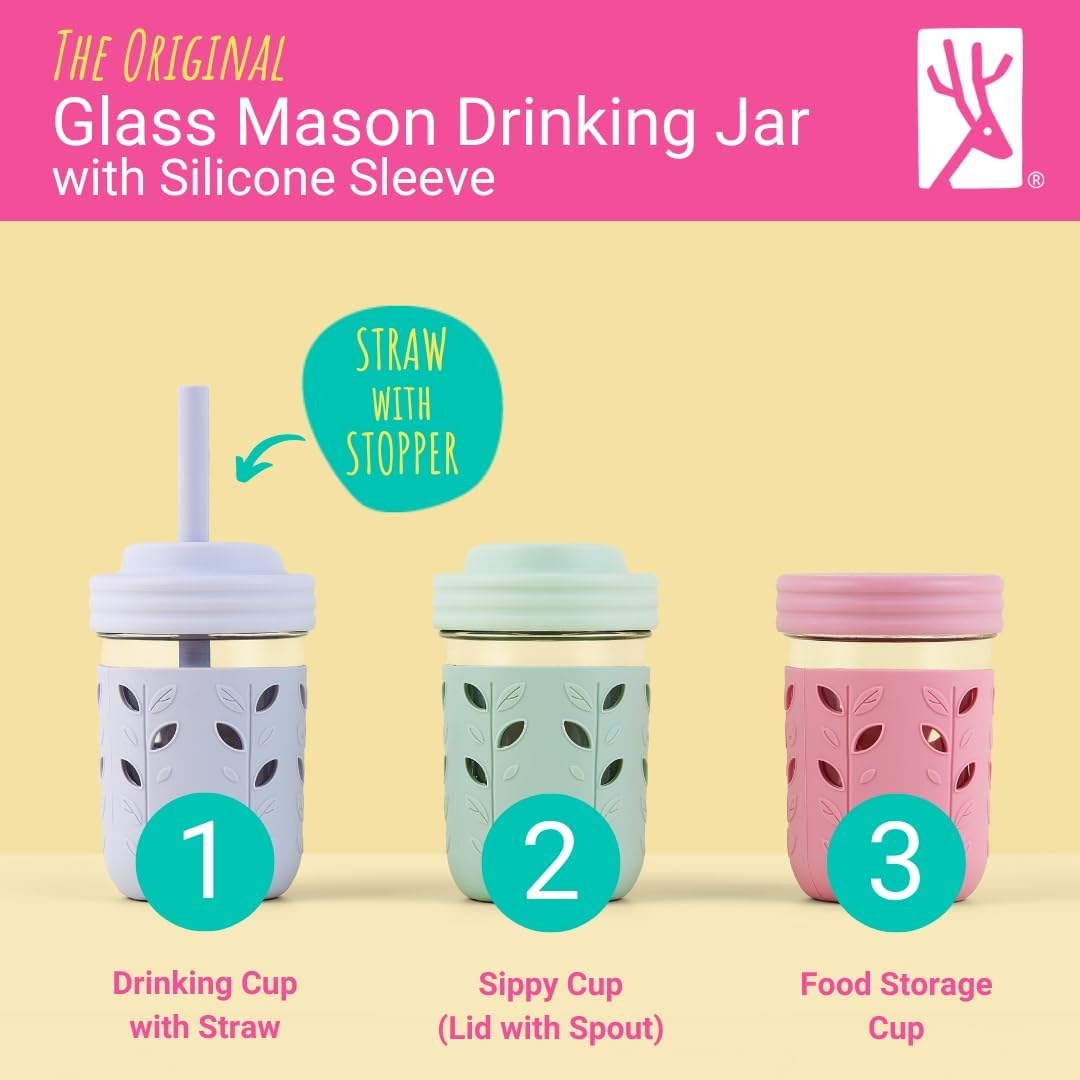 Elk and Friends Kids/Toddler 8oz Glass Mason Jars + Sleeves + Lids | 4pk