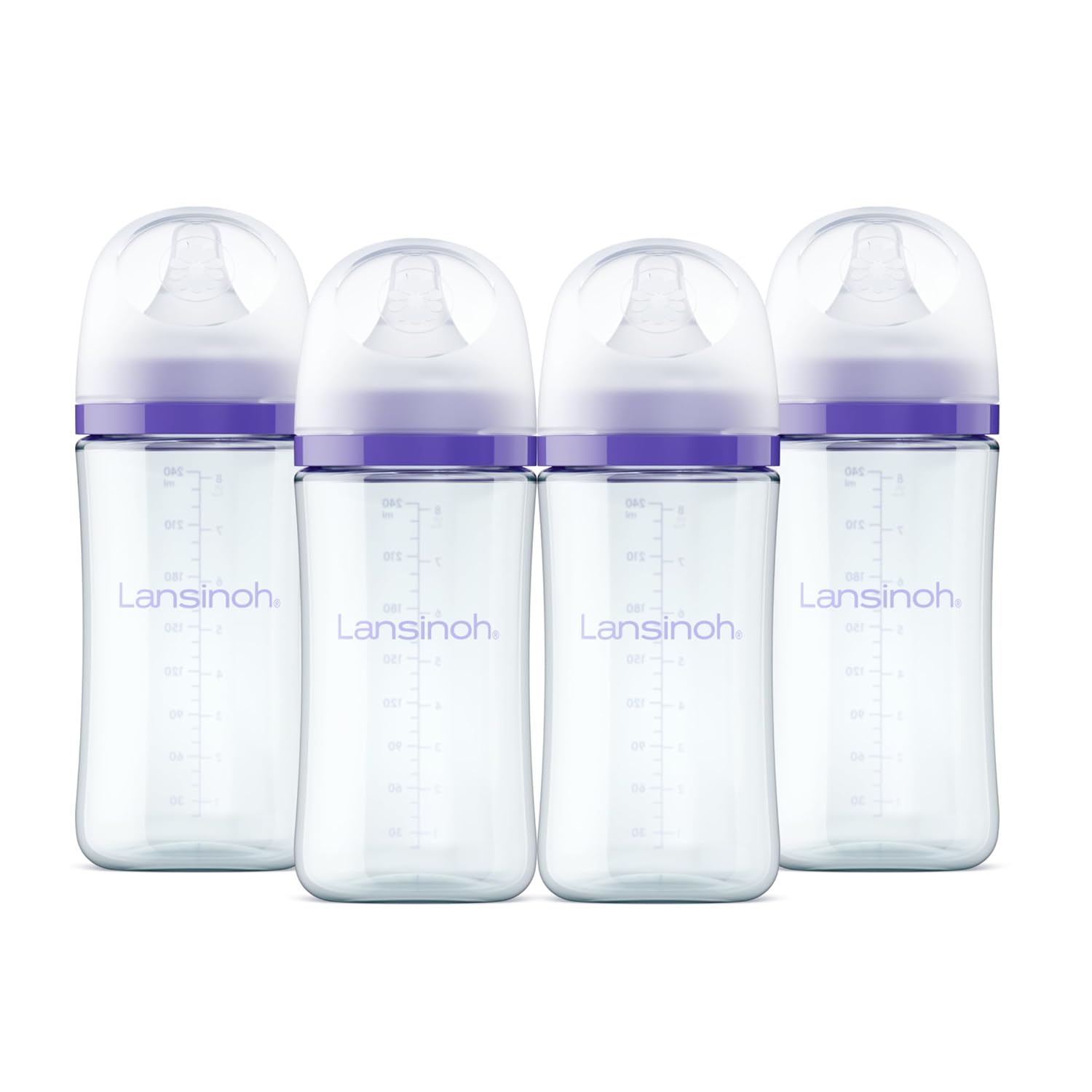 Lansinoh Anti-Colic Glass Baby Bottles, Purple Collar, 8 Ounces, 4 Count