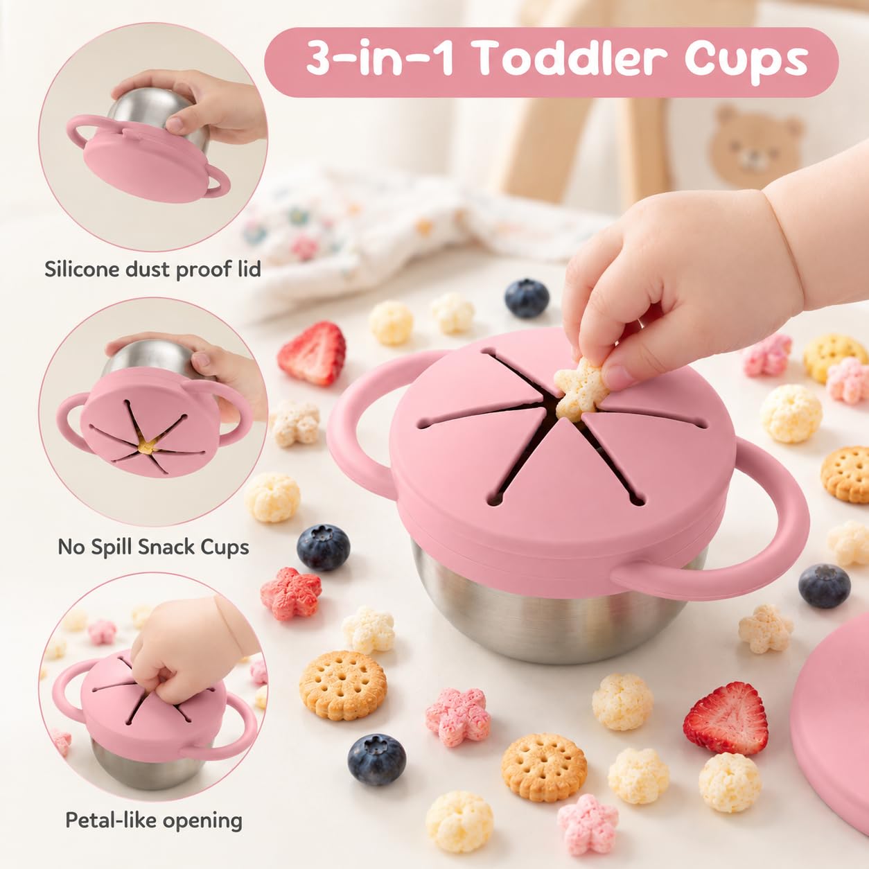 Bufilea 2 Pack Snack Containers for Toddlers, Stainless Steel Toddler Snack Cups with Silicone Food Catcher & Lids,Snack Cups for toddlers Spill Proof