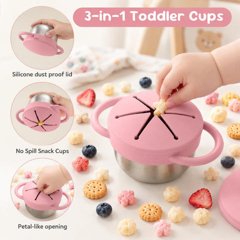 Bufilea 2 Pack Snack Containers for Toddlers, Stainless Steel Toddler Snack Cups with Silicone Food Catcher & Lids,Snack Cups for toddlers Spill Proof
