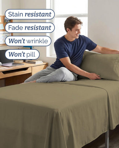 Twin XL 3 Piece Sheet Set - College Dorm Room Essentials - Khaki