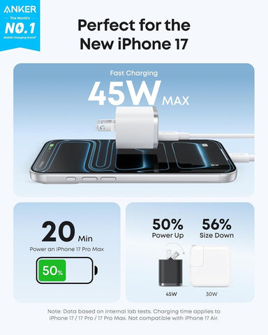 Anker iPhone Charger, 45W Type C Fast Charging, USB C Charger Block