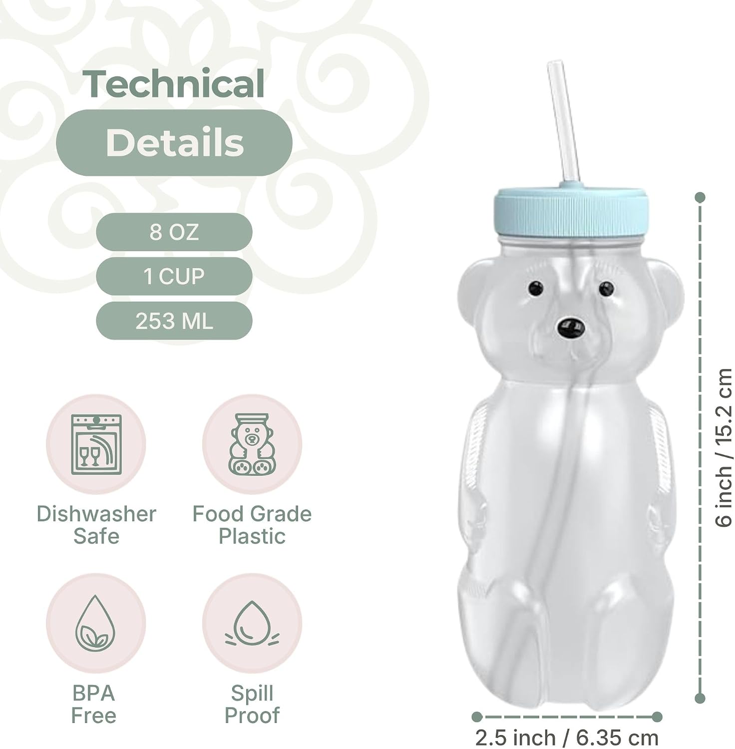 The 730 Project Honey Bear Straw Cup for Babies, 3-Pack 8 oz Blizzard Aqua