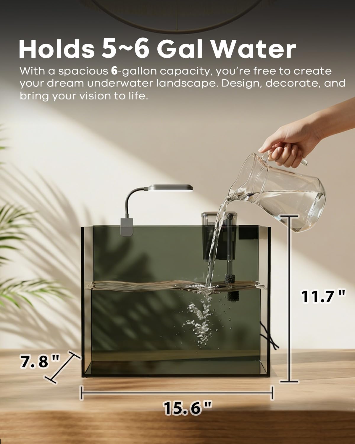 Wonderfactory 5 Gallon Small Aquarium Set Glass Fish Tank 6 Gallon, Starter Kit with Heater Water Pump Cleaning System Filter Bright Light Rocks Gravel Cleaning Tool, Clear Rimless Betta Plants