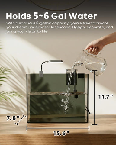 Wonderfactory 5 Gallon Small Aquarium Set Glass Fish Tank 6 Gallon, Starter Kit with Heater Water Pump Cleaning System Filter Bright Light Rocks Gravel Cleaning Tool, Clear Rimless Betta Plants