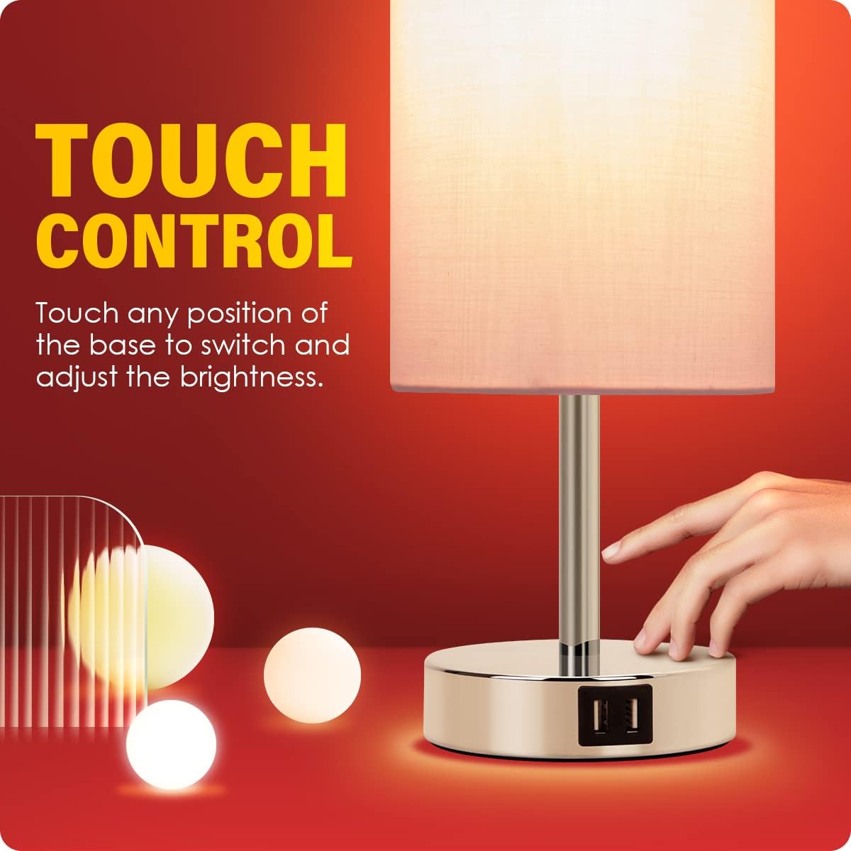 Yarra-Decor Bedside Lamp with USB Port - Touch Control Table Lamp for Bedroom 3 Way Dimmable Nightstand Lamp with Round Pink Fabric Shade for Living Room, Dorm, Home Office (LED Bulb Included)