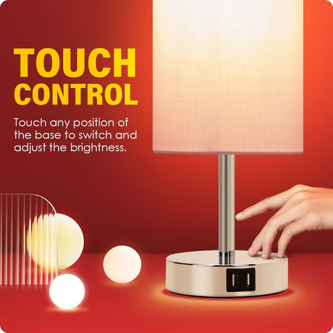 Yarra-Decor Bedside Lamp with USB Port - Touch Control Table Lamp for Bedroom 3 Way Dimmable Nightstand Lamp with Round Pink Fabric Shade for Living Room, Dorm, Home Office (LED Bulb Included)