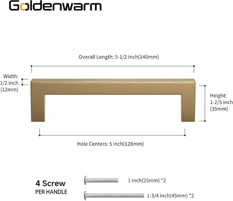 Goldenwarm 25 Pack 5 Inch Champagne Bronze Cabinet Pulls Square Handles