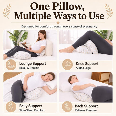 Pregnancy Pillow for Side Sleepers, Full Body Support for Back & Hip Pain Relief, Soft Maternity Pillow with Detachable & Washable Pillow Cover
