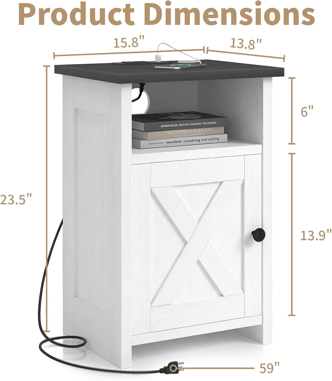 Farmhouse End Table Set of 2 w/Charging Station, Nightstands w/Barn Door&Storage Shelf, Rustic Bedside Table for Living Room, Bedroom, Entryway, Office, Small Spaces, White