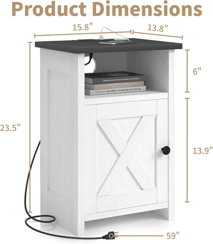 Farmhouse End Table Set of 2 w/Charging Station, Nightstands w/Barn Door&Storage Shelf, Rustic Bedside Table for Living Room, Bedroom, Entryway, Office, Small Spaces, White