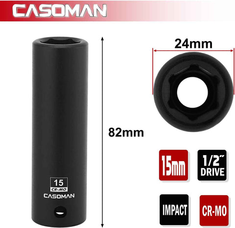 CASOMAN 1/2" Drive x 15mm Deep Impact Socket, 6-Point, Metric, CR-MO