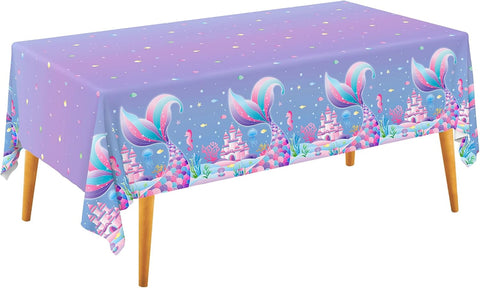 Gatherfun Mermaid Party Supplies Set: 2-Pack Rectangular Plastic Tablecloths, 54 x 108 Inches, Purple (Gradient) Mermaid Pattern, Kids & Girls 1st Birthday Decorations