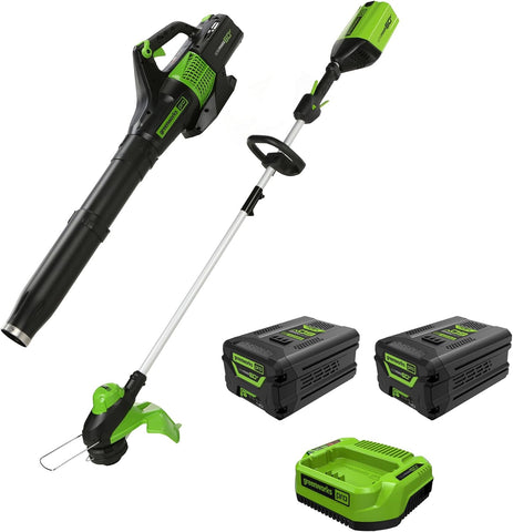 Greenworks 60V 13" String Trimmer + (540 CFM) Leaf Blower Combo, 4.0Ah Battery, Rapid Charger + Bonus 4.0Ah Battery